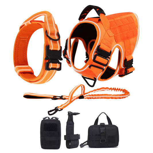 Reflective Orange Dog Harness with 4 Metal Buckles Military Tactical Pet Training Vest Collar Leash Molle Pouch for Large Dogs